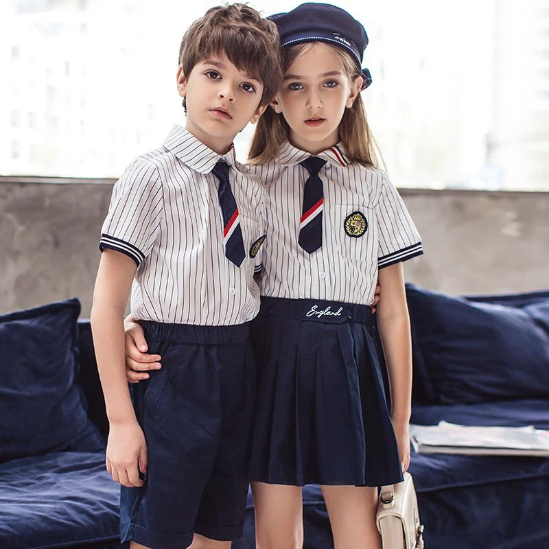 Camisa a rayas, falda corta y pantalones cortos Uniformes de jardín de infantes para niños